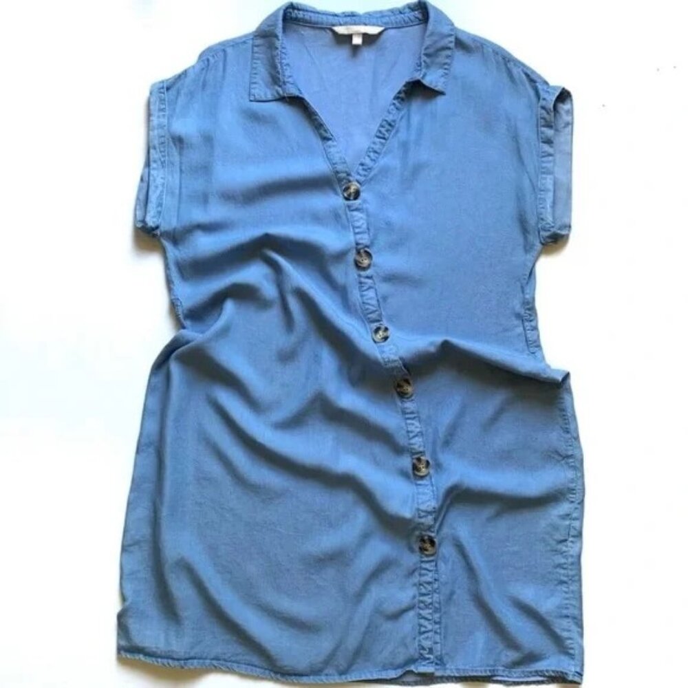 Appraisal Asymmetrical Button Front Chambray Summer Dress